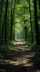 Obraz premium Lush green forest pathway illuminated by soft sunlight filtering through the trees