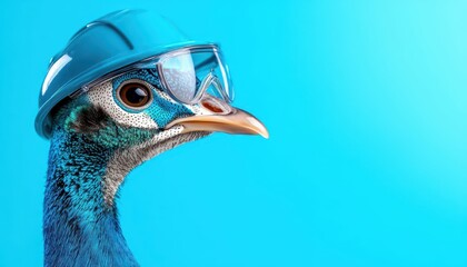 Obraz premium Peacock wearing a construction helmet and goggles, isolated on blue background.