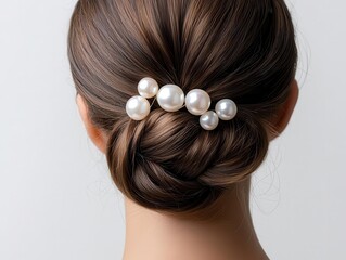 Pearl hairpin securing a sleek updo, pearl accessories, classic fashion detail