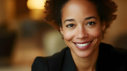 Fototapeta premium A smiling woman with curly hair, exuding warmth and confidence in a soft-focused background.