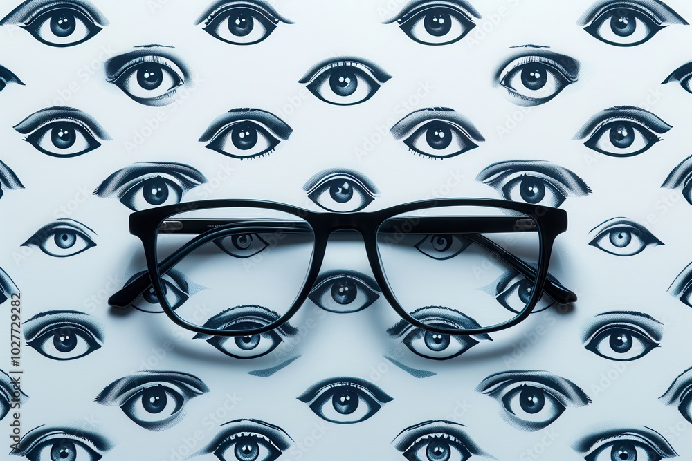 Poster stylish eyeglasses are positioned centrally against a unique backdrop filled with various artistic e