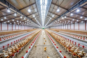 A modern poultry house featuring a symmetrical design with clean and organized interior, interior, livestock, eggs, agriculture, technology, cleanliness, symmetrical, facility