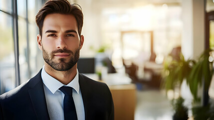 Fototapeta premium A confident man in a suit stands in a modern office setting.