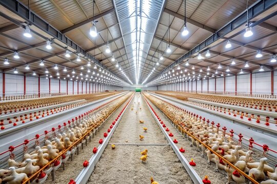 A modern poultry house featuring a symmetrical design with clean and organized interior, interior, livestock, eggs, agriculture, technology, cleanliness, symmetrical, facility