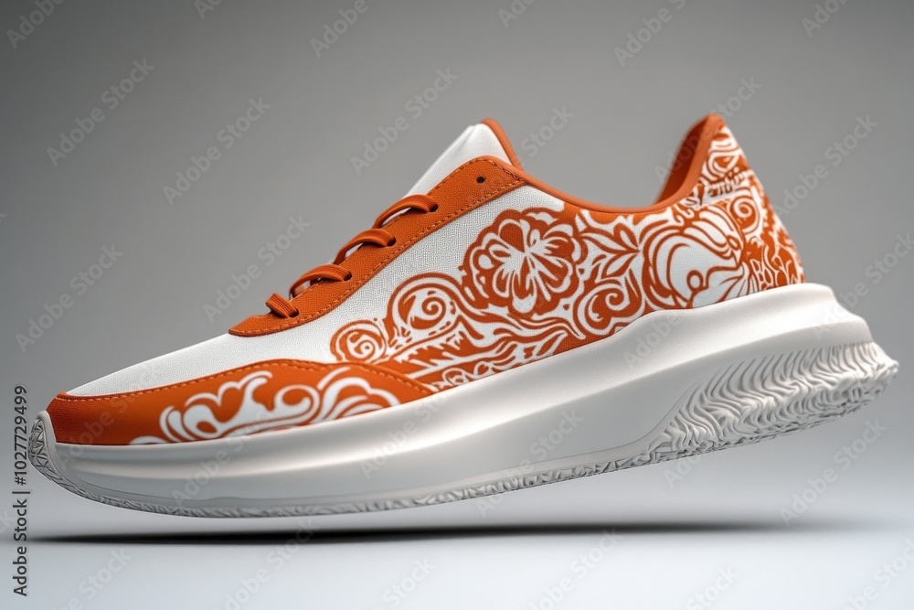 Poster 3d-rendered sneakers with custom designs, showing the process of selecting colors, patterns, and log