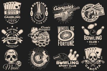 Set of bowling, gangster club and casino badge design. Vector illustration. Vintage monochrome label, sticker, patch with gangster, bowling and casino games silhouettes.