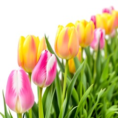 Naklejka premium Vibrant pink Tulips with white tips, rising from a lush green grass bed