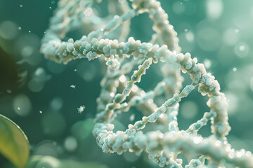 Colorful DNA strand with a blue and pink base pair. The strand is shown in a blurry, abstract style