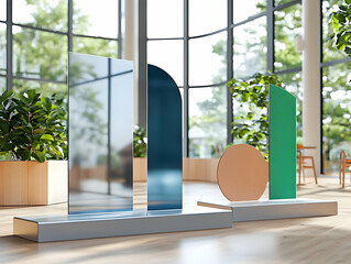 Modern interior featuring abstract shapes and greenery, enhancing aesthetic appeal.