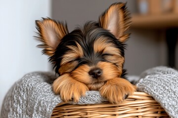 A tiny Yorkie puppy sleeping in a basket, snuggled up in a blanket, capturing the cuteness of its early days