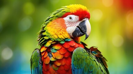 Obraz premium A brightly colored macaw parrot with vibrant red, blue, yellow, and green feathers facing right against a solid light blue background.