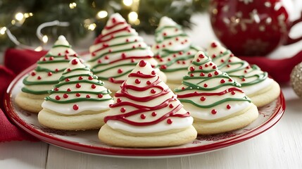 Obraz premium Holiday sugar cookies decorated with red and green icing on a festive platter