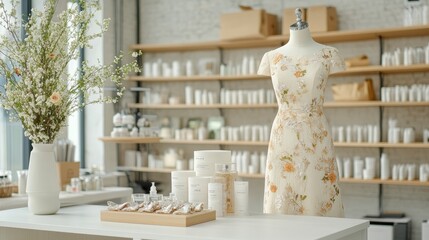 Mannequin in a delicate chiffon gown with intricate floral patterns and crystal accessories in a luxury retail showroom