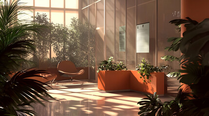 A serene indoor space featuring plants and natural light, designed for relaxation and meetings.