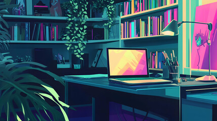 A vibrant workspace featuring a laptop, bookshelves, and plants, ideal for creativity.