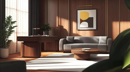 Modern office interior featuring a sofa, coffee table, and artwork with natural light.