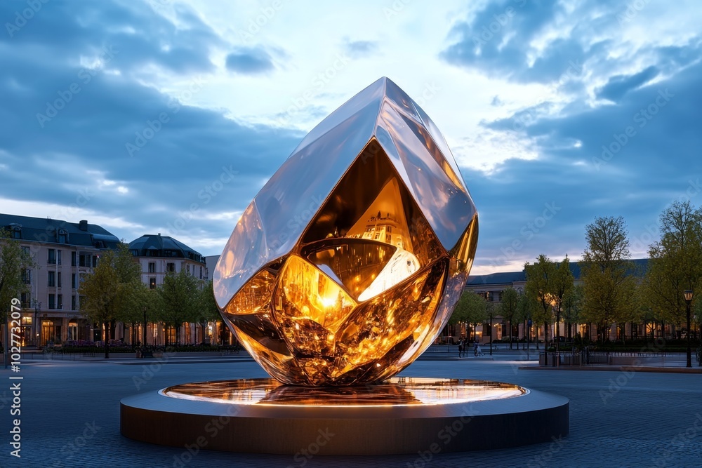 Poster digital 3d model of a modern art monument, with smooth geometric shapes and reflective surfaces, pla