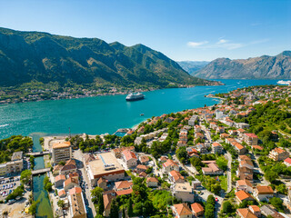 Aerial view of famous travel destination Kotor. Situated in Montenegro. Panoramic view of all...