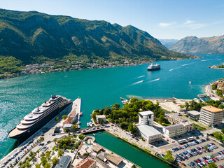 Aerial view of famous travel destination Kotor. Situated in Montenegro. Panoramic view of all...