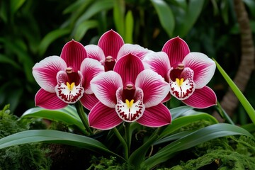 Exotic orchids displayed in a botanical garden, with rare species in full bloom, their unique shapes and vibrant colors standing out in a lush, green setting