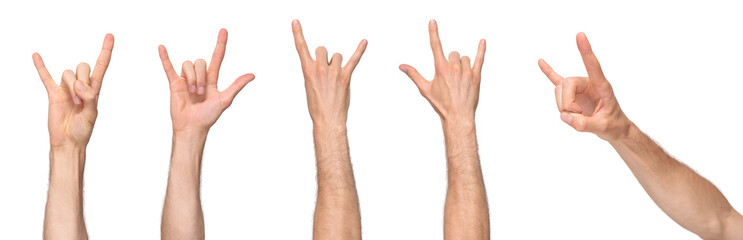 Male hand showing rock'n'roll gestures from different angles, isolated on transparent background, png file