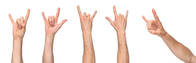 Male hand showing rock'n'roll gestures from different angles, isolated on transparent background, png file