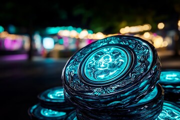 Fantasy market where customers use enchanted loyalty tokens, earning magical rewards like potions or glowing coins, with merchants offering rare, fantastical items