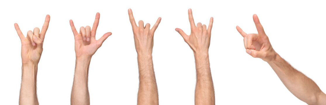 Male hand showing rock'n'roll gestures from different angles, isolated on transparent background, png file