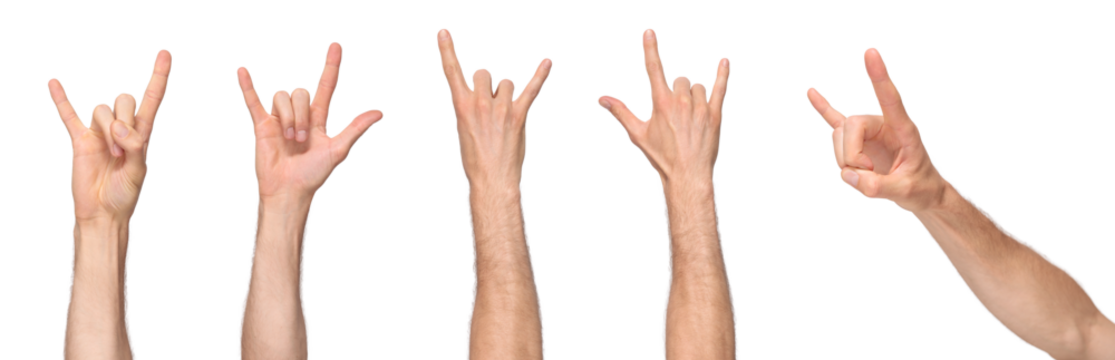 Male hand showing rock'n'roll gestures from different angles, isolated on transparent background, png file - Powered by Adobe