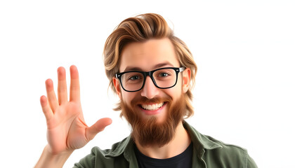 Young hipster man with long hair and beard wearing glasses Showing palm hand and doing ok gesture with thumbs up, smiling happy and cheerful isolated with white highlights, png