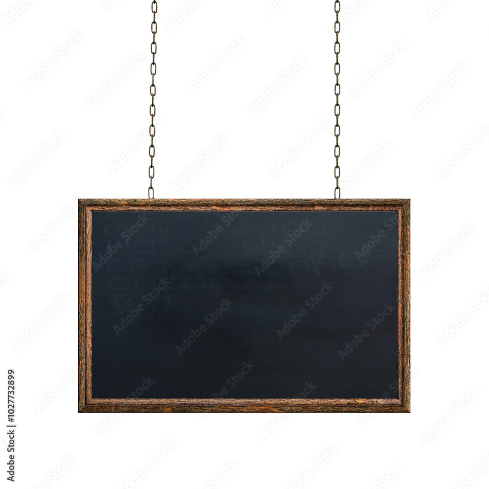 Poster wooden empty dirty sign hanging on iron chains. rectangular frame with empty black slate surface. si