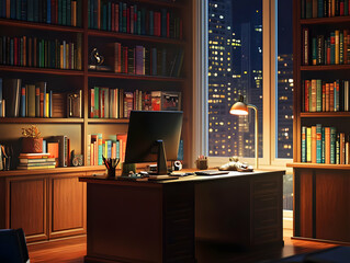 A cozy office space with bookshelves, a desk, and a city view at night.