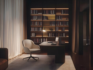 A modern office space featuring a desk, chair, and bookshelves with warm lighting.