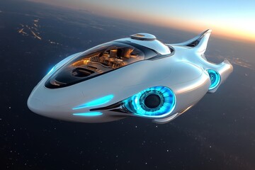 Obraz premium Futuristic spaceship designed like a luxury yacht, with sleek, aerodynamic lines and glowing blue engines, cruising through the stars with an opulent interior visible through the windows