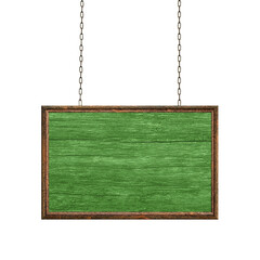Wooden empty dirty sign hanging on iron chains. Rectangular frame with empty green plank surface. Signboard isolated on white