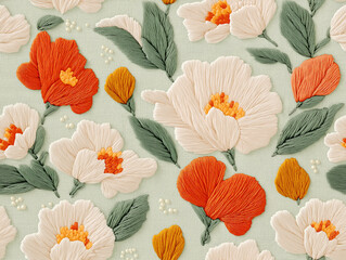 Realistic Seamless Embroidery Fabric Pattern with Floral Texture