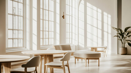 Fototapeta premium A quiet, vacant meeting area in a contemporary office building, with a Scandinavian-inspired design. Light wood furniture, white walls, and large windows