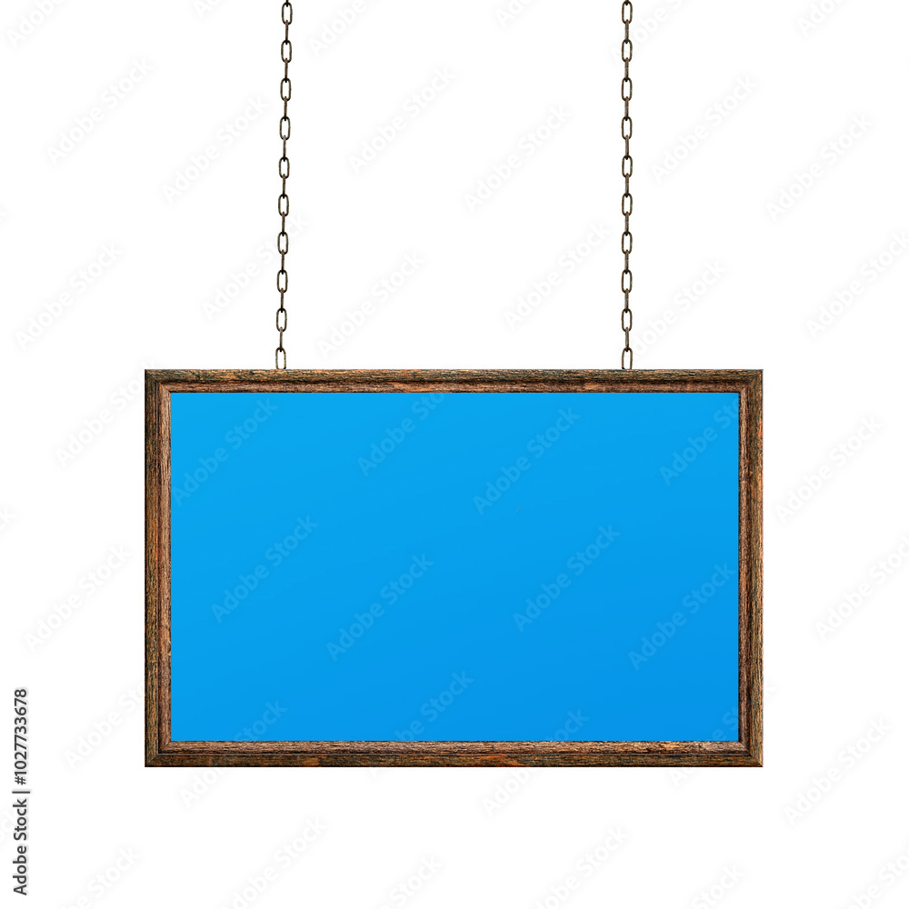 Poster wooden empty dirty sign hanging on iron chains. rectangular frame with empty blue surface. signboard