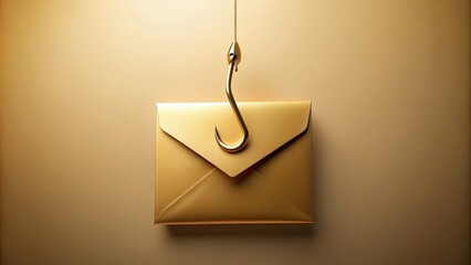 catch, fishing hook, anticipation, metaphor, invitation, bait, surprise, suspense, minimalistic, golden, symbolism, Golden envelope with fishing hook isolated on beige background