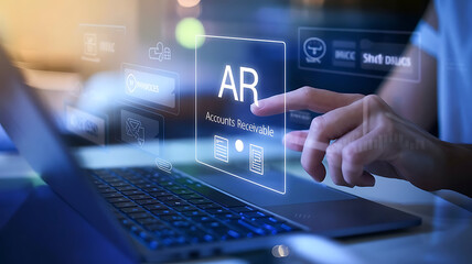 Fototapeta premium businessman using a laptop with a virtual interface of AR, augmented reality concept, virtual decor, AR home decor, 3d design,AR technology 