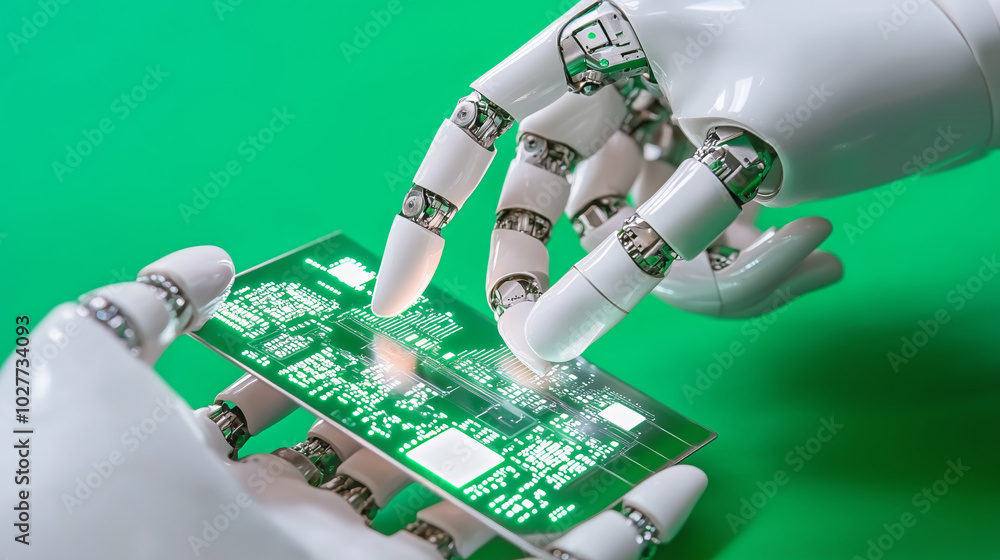 Poster robotic hands examining a green circuit board in a technology lab during a research project