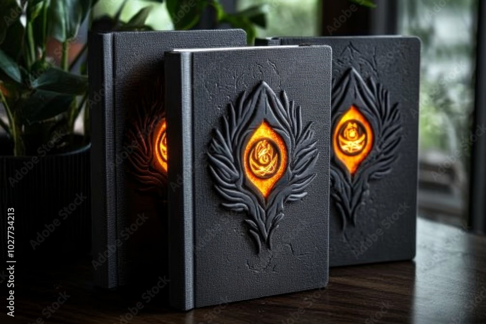 Poster magical personalized journal with glowing engravings, where the customerâ€™s name and custom symbols