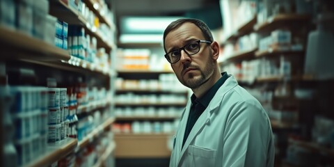 Obraz premium A focused pharmacist stands in a well-stocked pharmacy. Surrounded by shelves of medicine, he embodies professionalism and expertise. The image captures the essence of healthcare. AI.