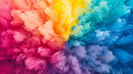 Fototapeta premium A vibrant explosion of colorful clouds in red, orange, yellow, green, blue, and purple, creating a mesmerizing abstract background. Perfect for creative design projects.