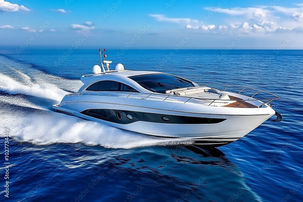 Poster minimalist motorboat speeding across the water, with clean, sharp lines showing its sleek design and