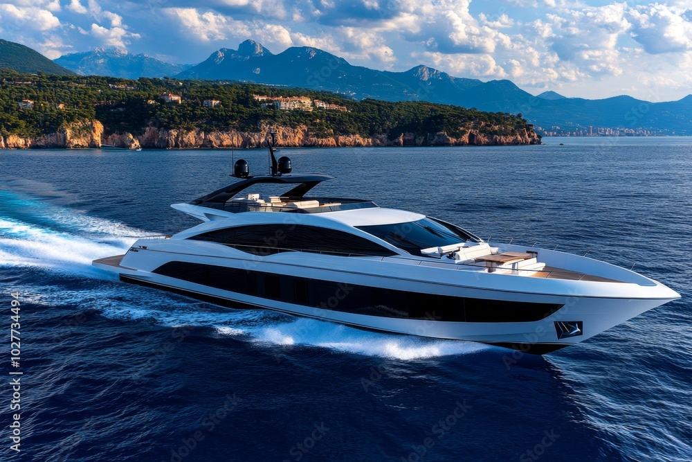 Poster minimalist motorboat speeding across the water, with clean, sharp lines showing its sleek design and