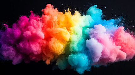 Fototapeta premium A vibrant explosion of colorful powder in various shades including pink, blue, yellow, and green, creating a dynamic and energetic visual effect against a dark background.