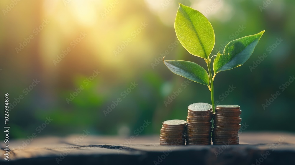 Wall mural close-up of a green plant with coins stacked beside it, illustrating financial prosperity and the id