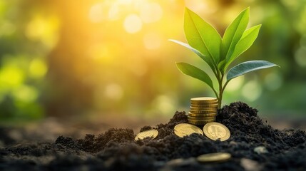 close-up of a green plant with coins stacked beside it, representing the nurturing of savings and financial prosperity in a simple environment