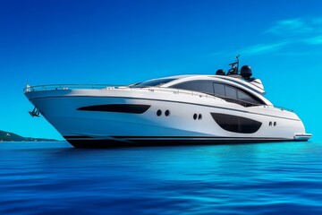 Minimalist yacht illustration, with sleek curves and soft shading on a plain blue background, emphasizing the modern, luxurious design of the vessel